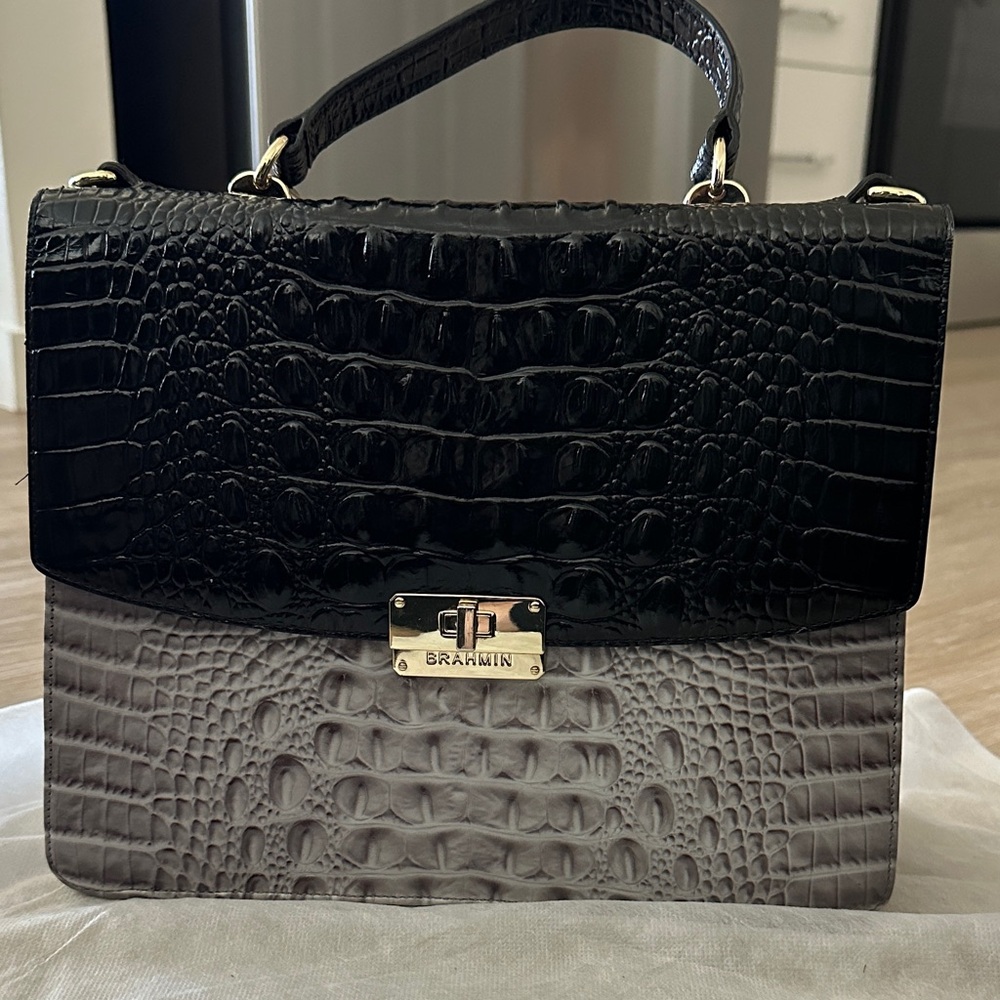 Brahmin Black and Gray Croc-Embossed Satchel